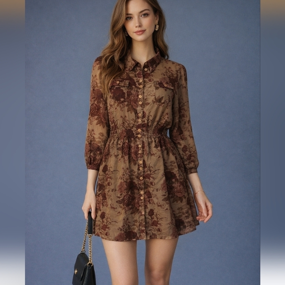 BLUE BIRD Floral Button Down Tunic Micro Dress